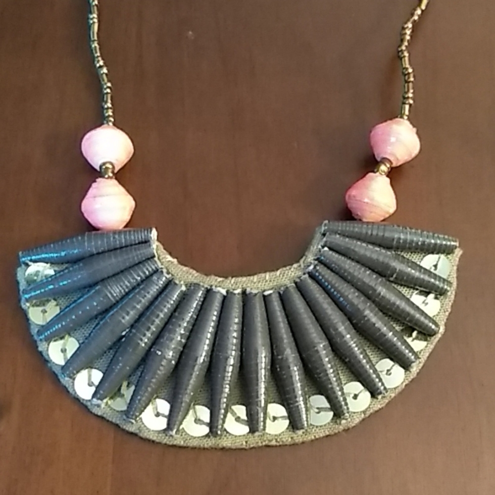 "31 Bits" Paper Bead Long Bib Statement Necklace - image 1